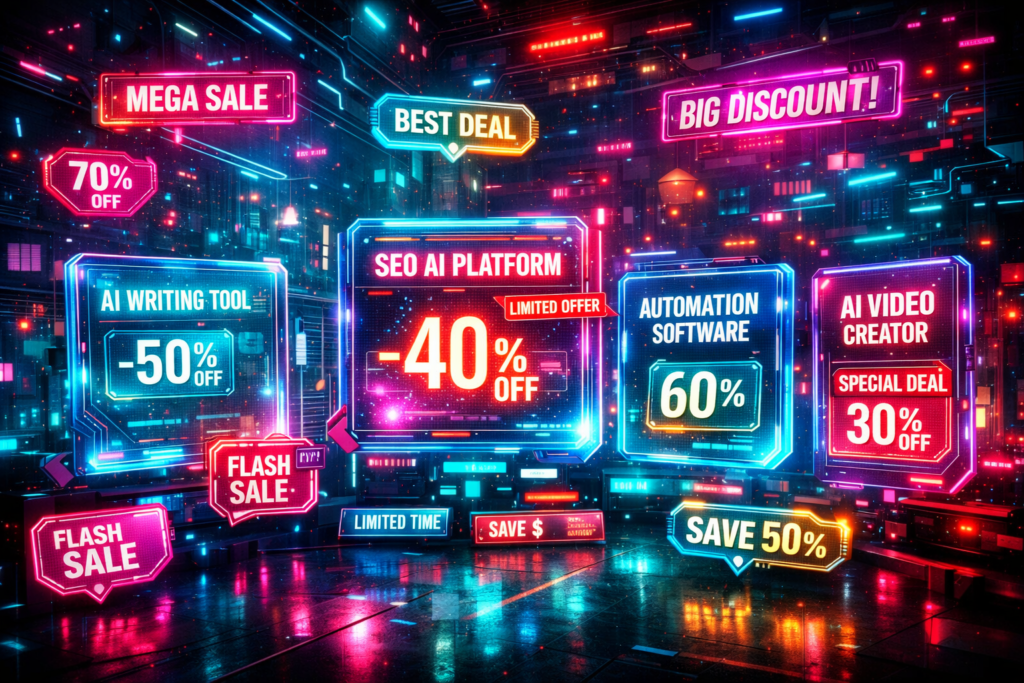 Top AI tool discounts marketplace with glowing promotion tags and futuristic AI dashboards