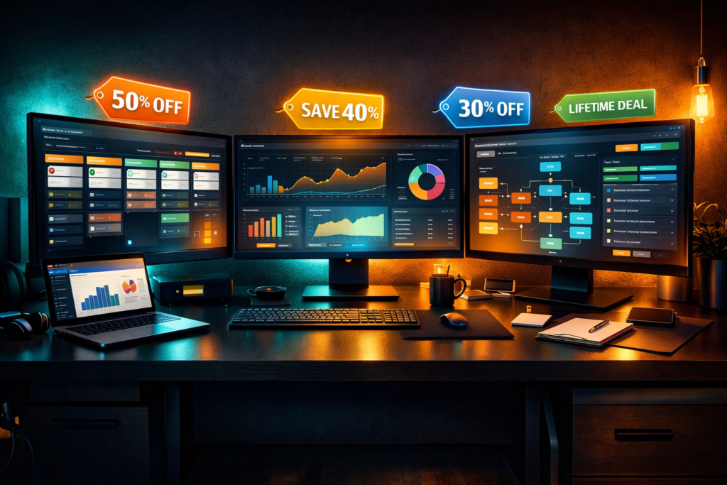 best SaaS deals for entrepreneurs dashboard showing discounted business software tools